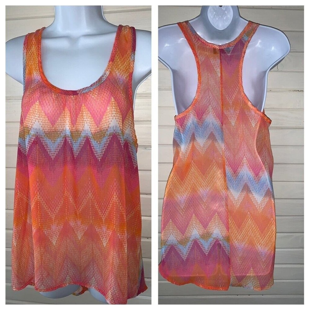Papermoon Sz SMALL Racerback Tank Top Bright Print Orange Blue Stitch Fix  EUC